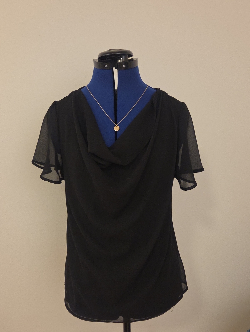 Black Draped Cowl Neck Short Sleeve Blouse